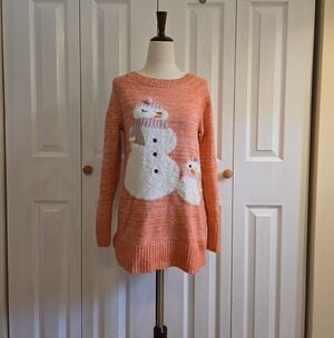 Coral Knit Sweater with Snowman Mama & Baby